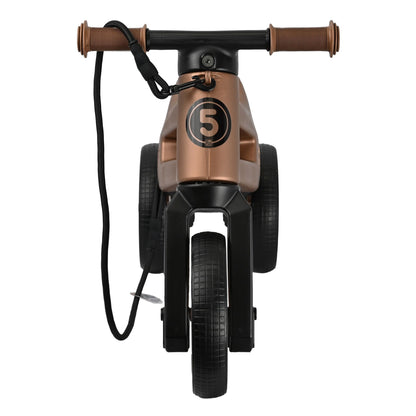 Bicicleta fara pedale cu cosulet pentru ghidon, 2 in 1, 18+ luni, pneuri si manere de cauciuc, 4 nivele de reglaj pe inaltime, Funny Wheels Rider SuperSport Copper/Black