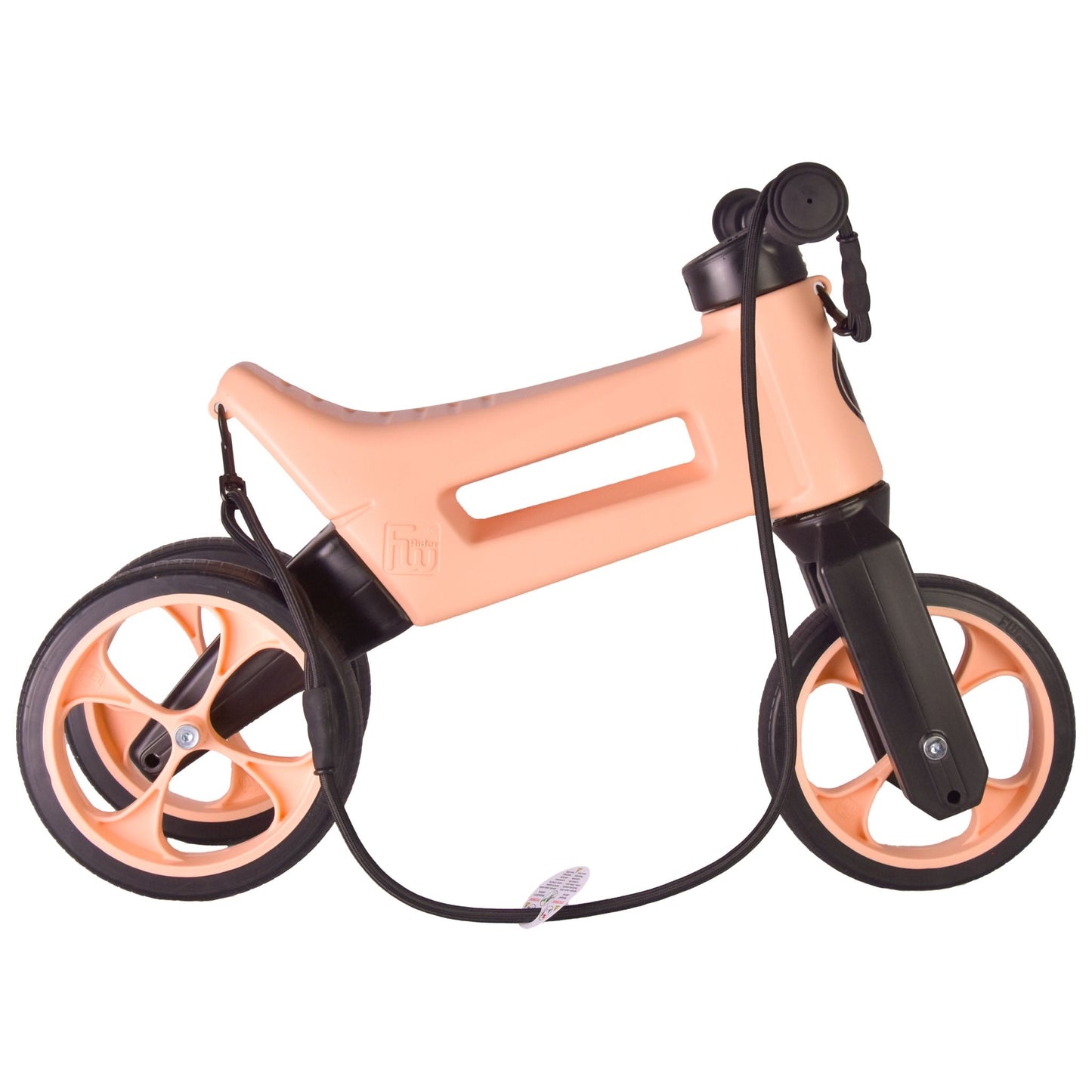 Bicicleta fara pedale cu cosulet pentru ghidon, 2 in 1, 18+ luni, pneuri si manere de cauciuc, 4 nivele de reglaj pe inaltime, Funny Wheels Rider SuperSport Pastel Apricot/Black