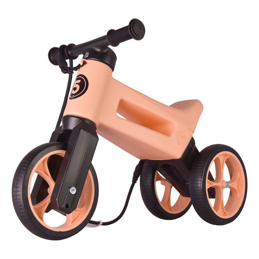 Bicicleta fara pedale cu cosulet pentru ghidon, 2 in 1, 18+ luni, pneuri si manere de cauciuc, 4 nivele de reglaj pe inaltime, Funny Wheels Rider SuperSport Pastel Apricot/Black
