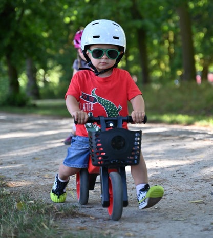 Bicicleta fara pedale cu cosulet pentru ghidon, 2 in 1, 18+ luni, pneuri si manere de cauciuc, 4 nivele de reglaj pe inaltime, Funny Wheels Rider SuperSport Dakar Podmol/Black